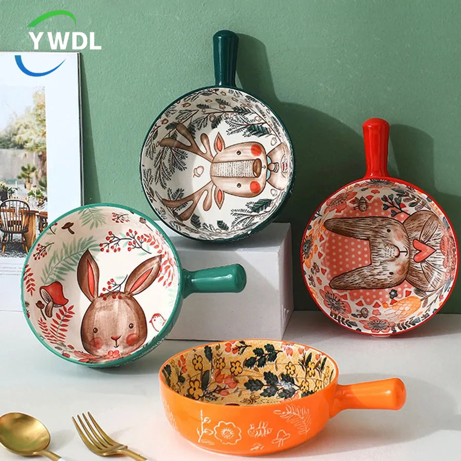YWDL 500ml Ceramic Bakeware - Forest Animals Baking Pan with Handle