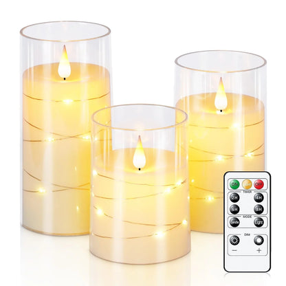 Flickering Flameless Candles 3D Wick Built-in Star String Light Acrylic Battery Operated LED Pillar Candles with Remote and Time