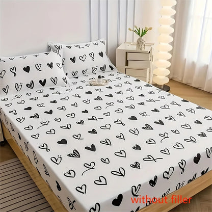 3 pieces of black heart-shaped bed cover three-piece set, machine washable 100% polyester fiber