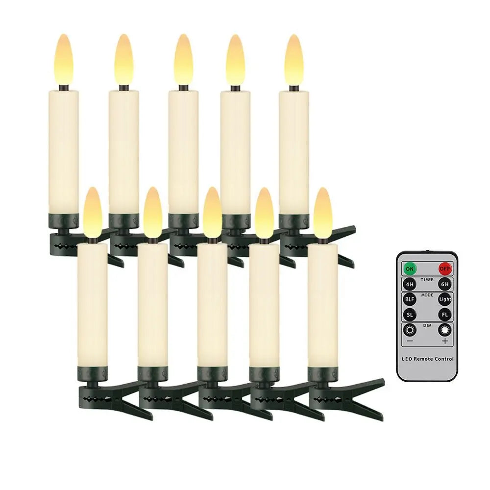 Pack of 10 LED Christmas Tree clip Candles Remote controlled w/Timer Battery Operated Flickering 3D wick Taper Candle Lighting