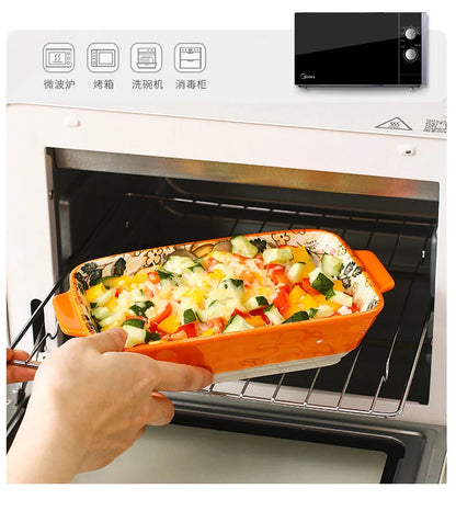 YWDL Ceramic Baking Dish Roasting Lasagna Pan Rectangular Dish Bakeware Pan With Handle Oven Kitchen Baking Tool baking tray