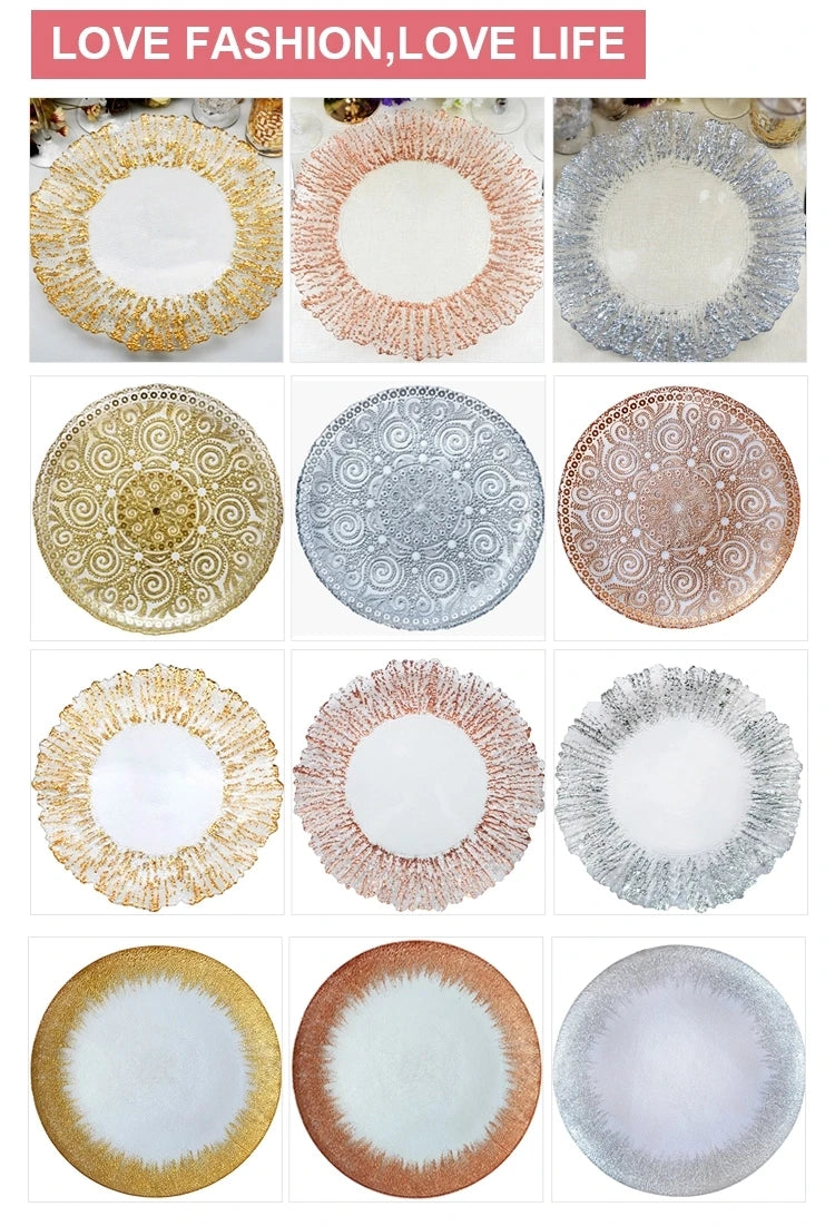 Flower Shaped Gold Silver Decal Rim, Transparent Glass Charger Plate, Wedding Party Decoration, Tableware Tray, Show Plate