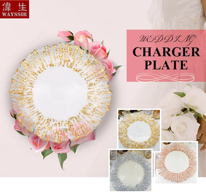 Flower Shaped Gold Silver Decal Rim, Transparent Glass Charger Plate, Wedding Party Decoration, Tableware Tray, Show Plate