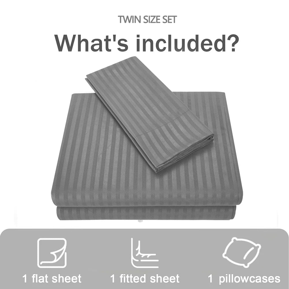 Battilo Bed Sheets 4 Pieces Set Luxury Fitted Flat Sheet with Pillowcases Solid Stripe Bedding Set For Twin Full Queen King Size