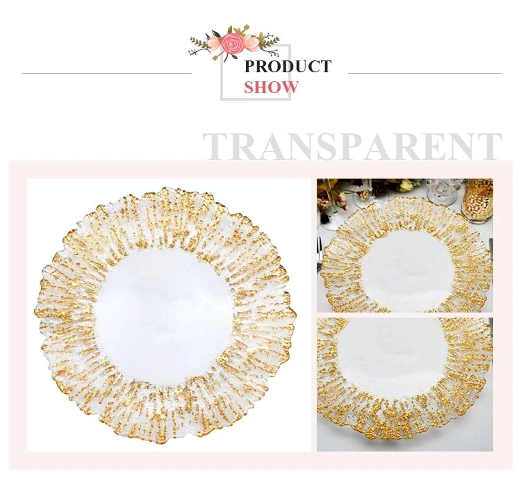 Flower Shaped Gold Silver Decal Rim, Transparent Glass Charger Plate, Wedding Party Decoration, Tableware Tray, Show Plate