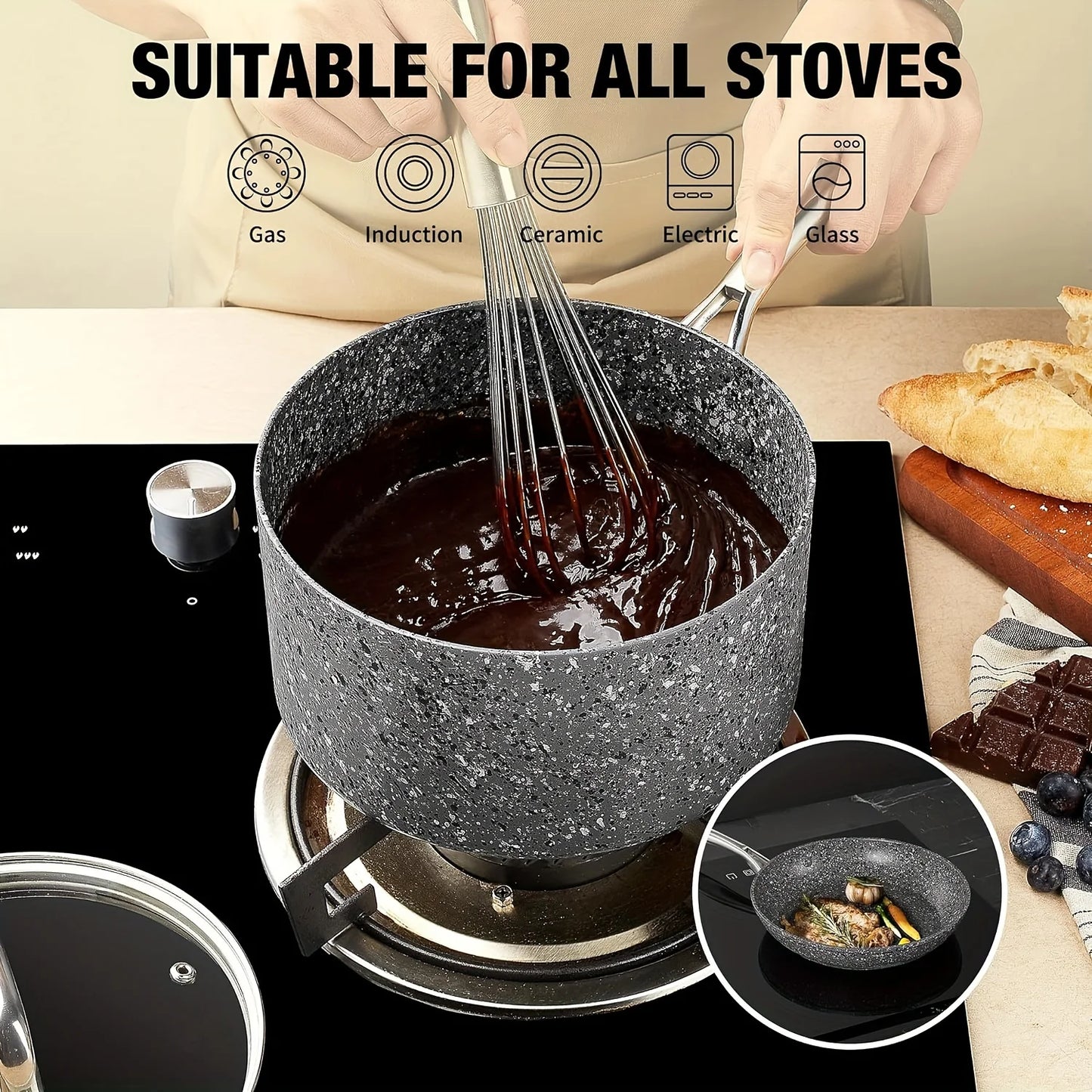 HLAFRG Nonstick Sauce Pan Set - 2Qt & 3Qt Natural Granite Pots with Lids