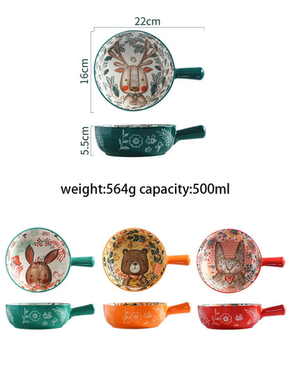 YWDL 500ml Ceramic Bakeware - Forest Animals Baking Pan with Handle