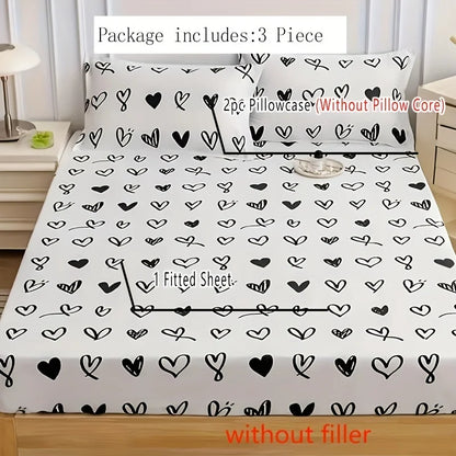 3 pieces of black heart-shaped bed cover three-piece set, machine washable 100% polyester fiber
