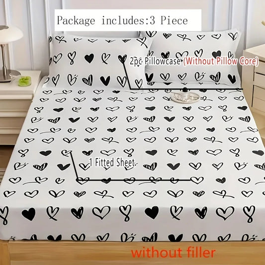 3 pieces of black heart-shaped bed cover three-piece set, machine washable 100% polyester fiber