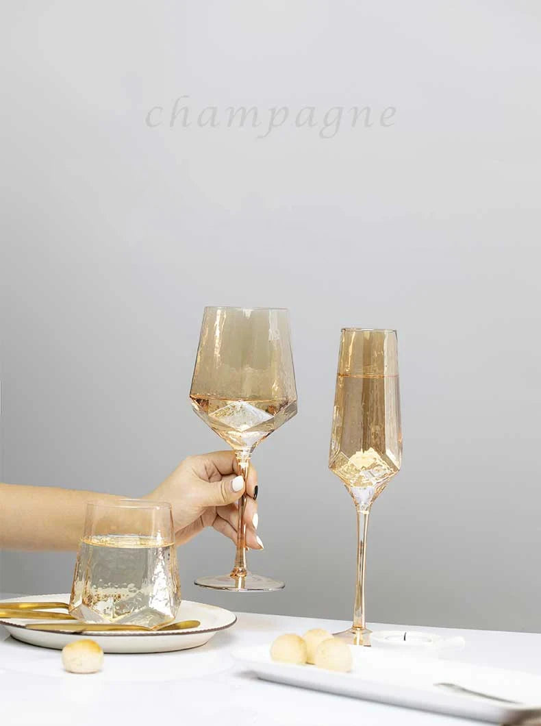 Nordic Luxury Gold Amber Champagne Goblet - Lead-Free Crystal Hammered Whisky Glass