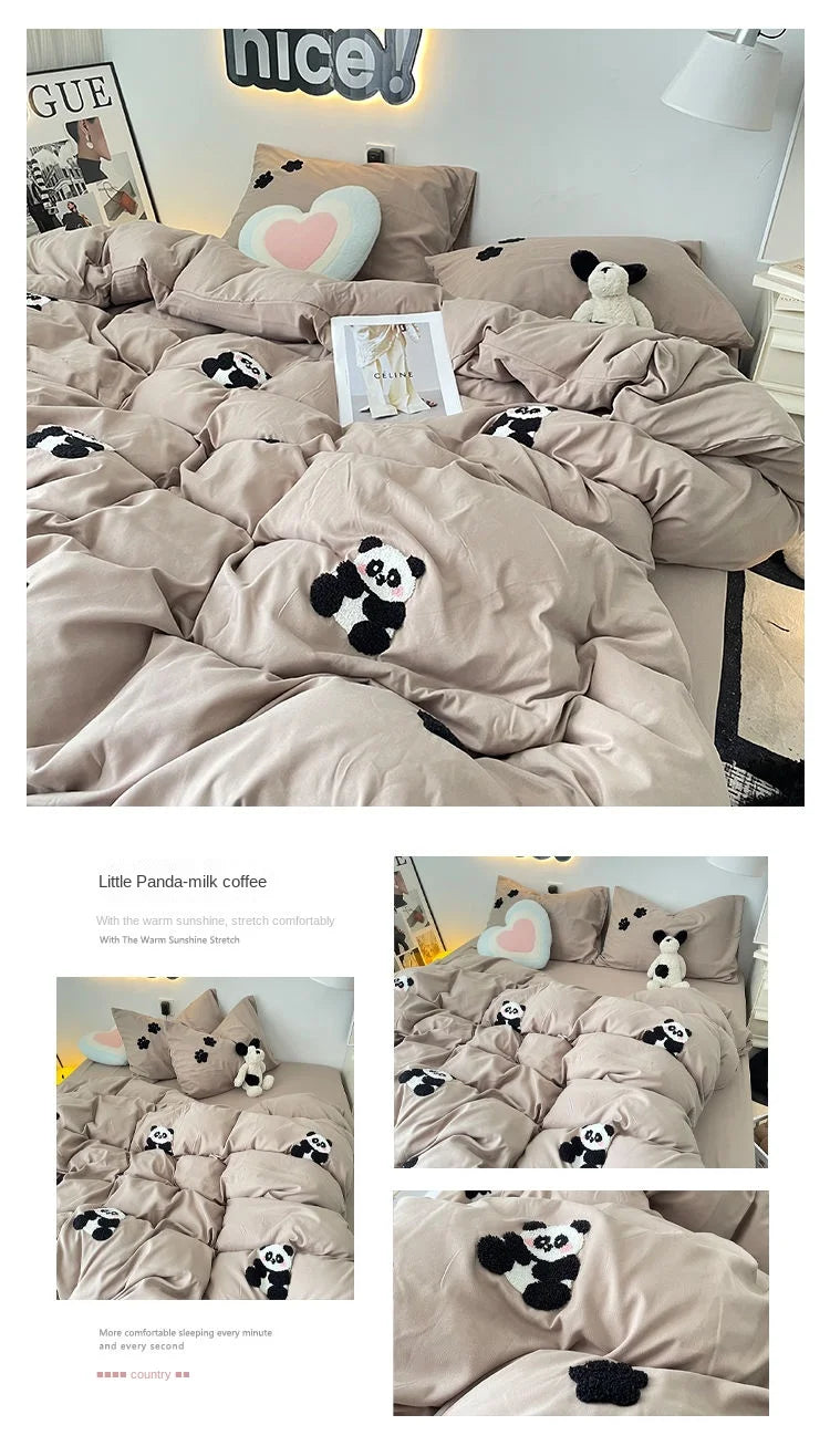 Bedding Set 2024 New Ins Style  Minimalist Blue Washing Cotton black bow towel Embroidered Four PIECE Set, 1.5 Bed Sheets