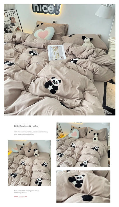 Bedding Set 2024 New Ins Style  Minimalist Blue Washing Cotton black bow towel Embroidered Four PIECE Set, 1.5 Bed Sheets