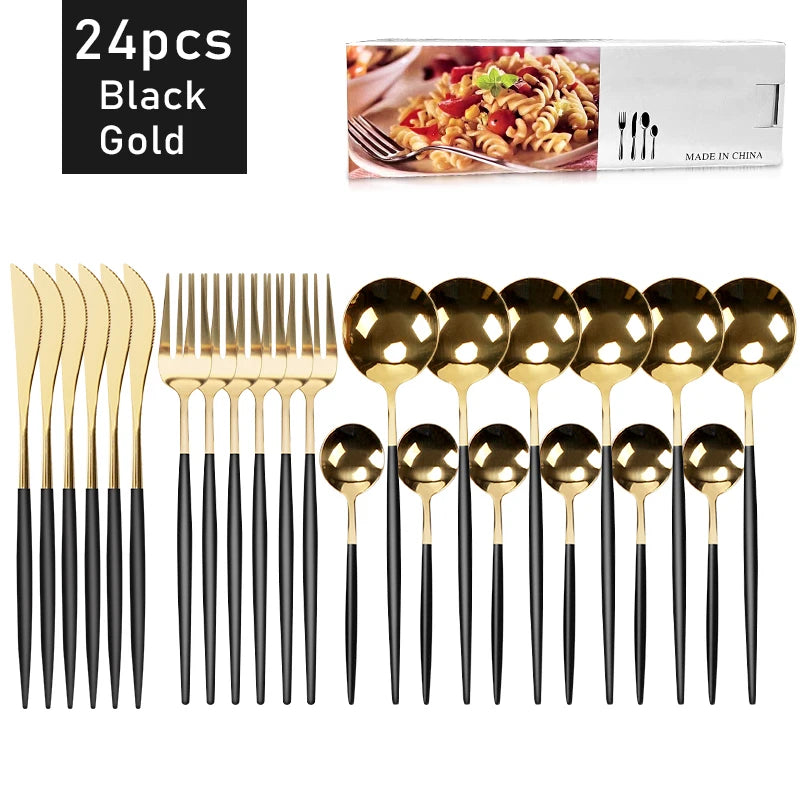 24pcs Dinnerware Set Stainless Steel Tableware Set Knife Fork Spoon Flatware Set Cutlery Set Knife Fork Spoon Tea Spoon