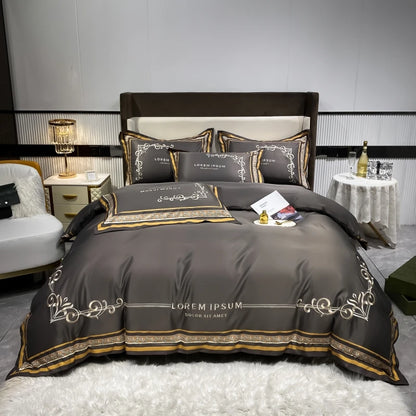 European Style Gold Edge Embroidered Bedding Set Luxury White Satin Cotton Duvet Cover Bed Sheets Pillowcases King Queen Size