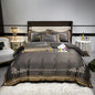 European Style Gold Edge Embroidered Bedding Set Luxury White Satin Cotton Duvet Cover Bed Sheets Pillowcases King Queen Size