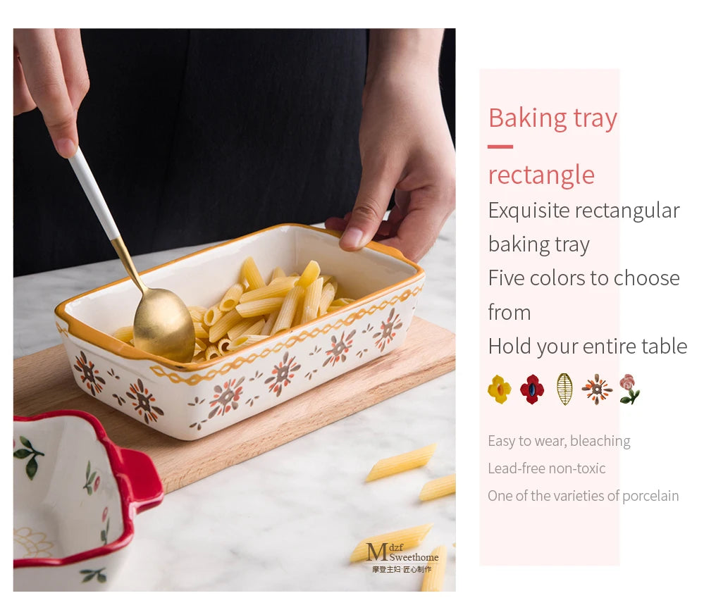 Ceramic Baking Dish Roasting Lasagna Pan  Rectangular Dish Bakeware Pan With Handle Oven Kitchen Baking Tool