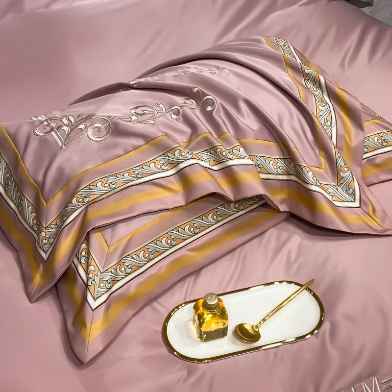 European Style Gold Edge Embroidered Bedding Set Luxury White Satin Cotton Duvet Cover Bed Sheets Pillowcases King Queen Size