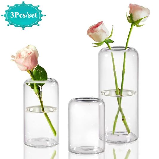 3Pcs/set Clear Small Glass Bud Vases in Bulk Modern Cylinder Glass Vase for Wedding Party Dining Table Centerpieces Decoration