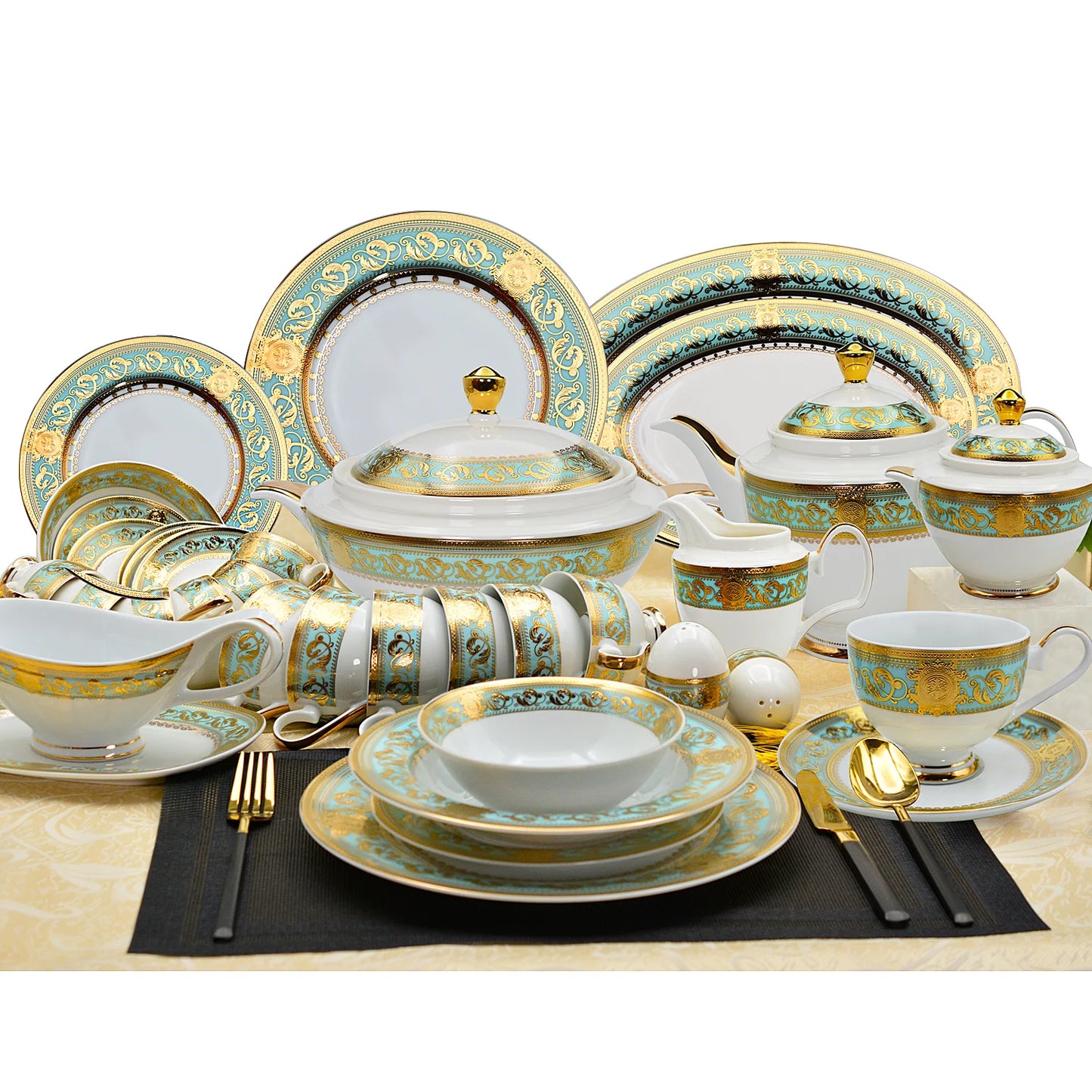 Bone China Platinum Dinner Set - Gold Rim Porcelain Soup Plates & Bowls