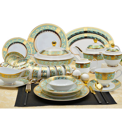 Bone China Platinum Dinner Set - Gold Rim Porcelain Soup Plates & Bowls