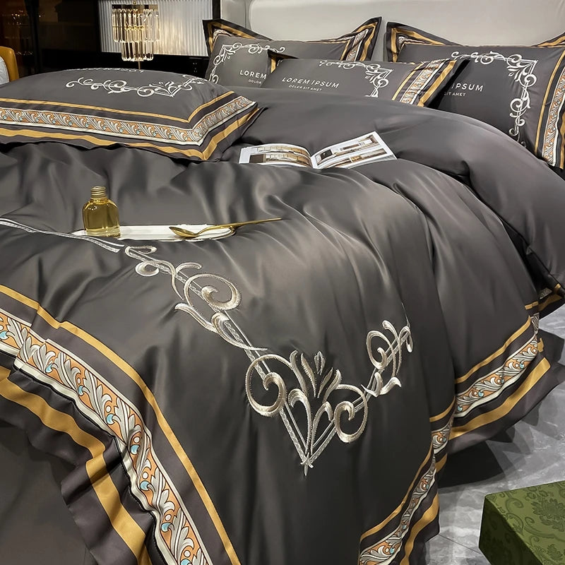 European Style Gold Edge Embroidered Bedding Set Luxury White Satin Cotton Duvet Cover Bed Sheets Pillowcases King Queen Size