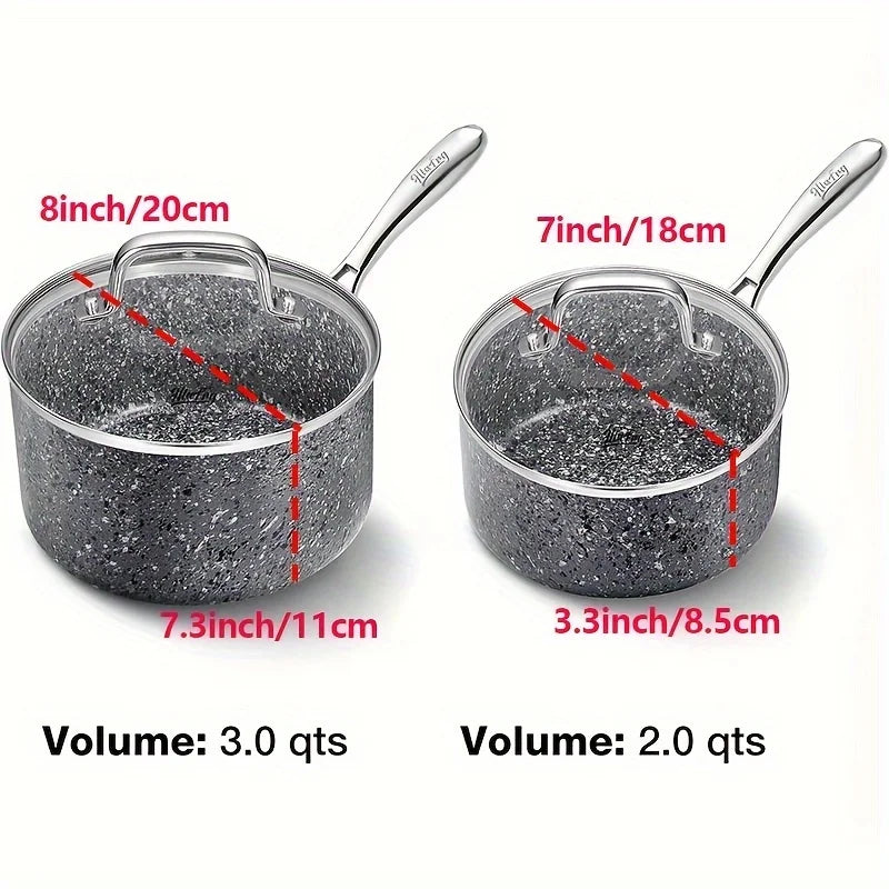 HLAFRG Nonstick Sauce Pan Set - 2Qt & 3Qt Natural Granite Pots with Lids