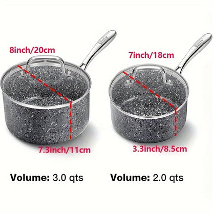 HLAFRG Nonstick Sauce Pan Set - 2Qt & 3Qt Natural Granite Pots with Lids