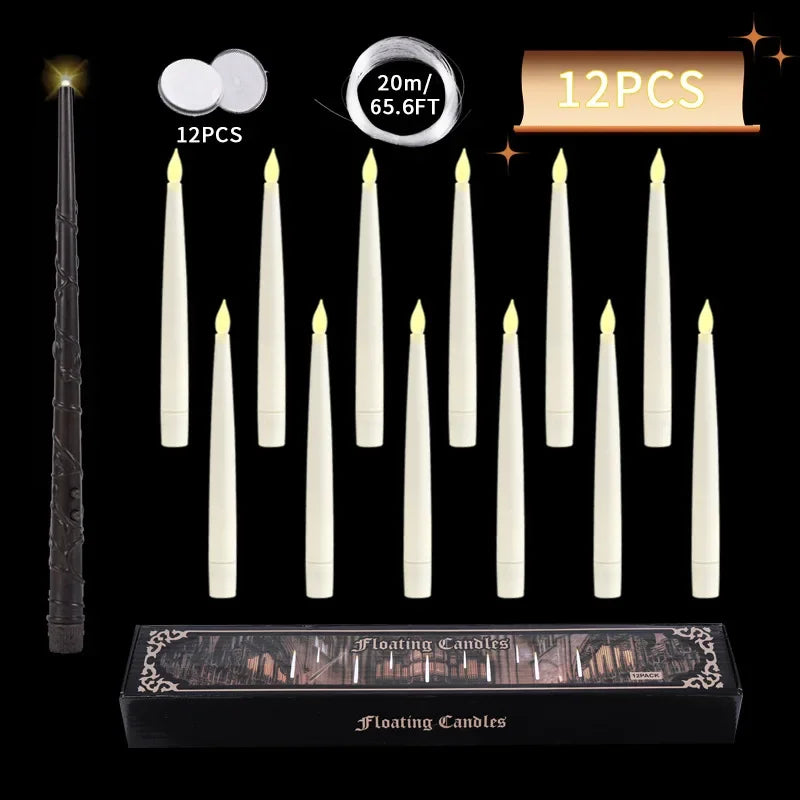 12/10 PCS LED Floating Candles with Magic Wand Flameless Flying Candle Flickering Burning Candles for Wedding Holiday Decoration
