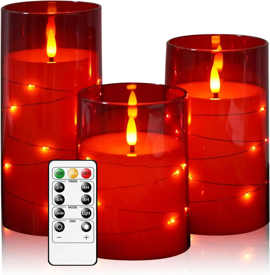 Flickering Flameless Candles 3D Wick Built-in Star String Light Acrylic Battery Operated LED Pillar Candles with Remote and Time