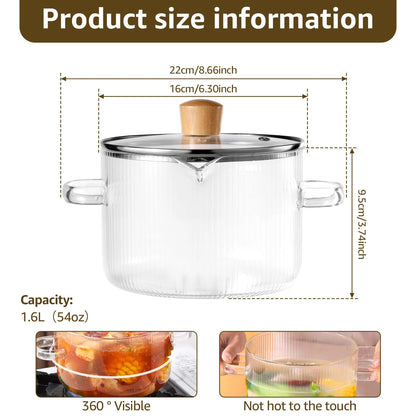 Glass Cooking Pot with Lid - Borosilicate Saucepan for Stovetop Soup & Baking