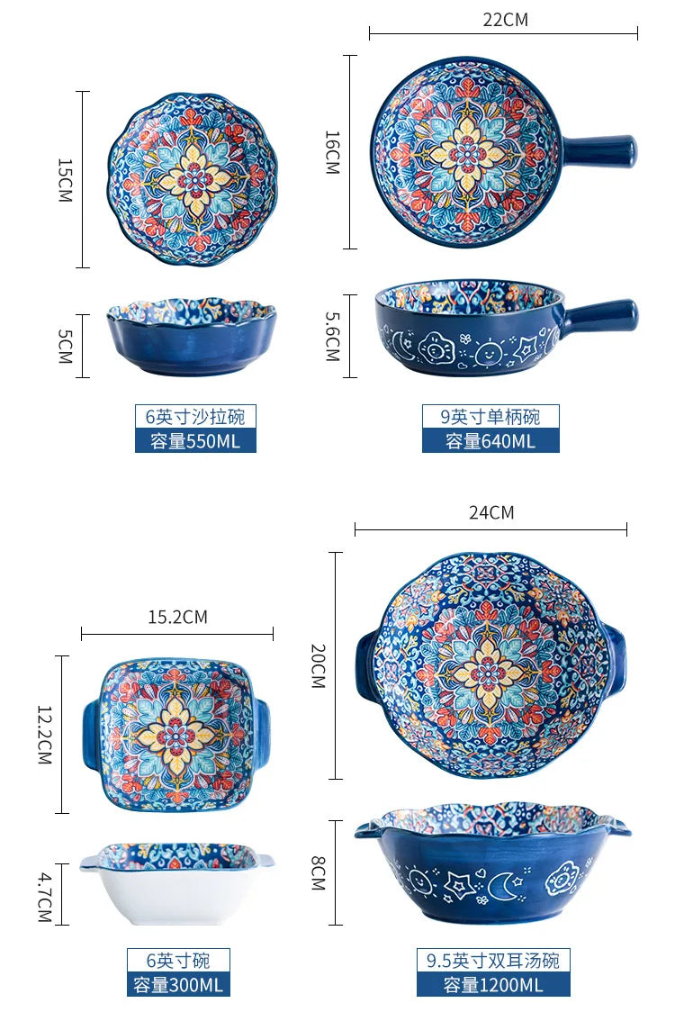 Baroque Ceramic Bowl Set - Creative Rice Soup Noodle Bowl with Handle