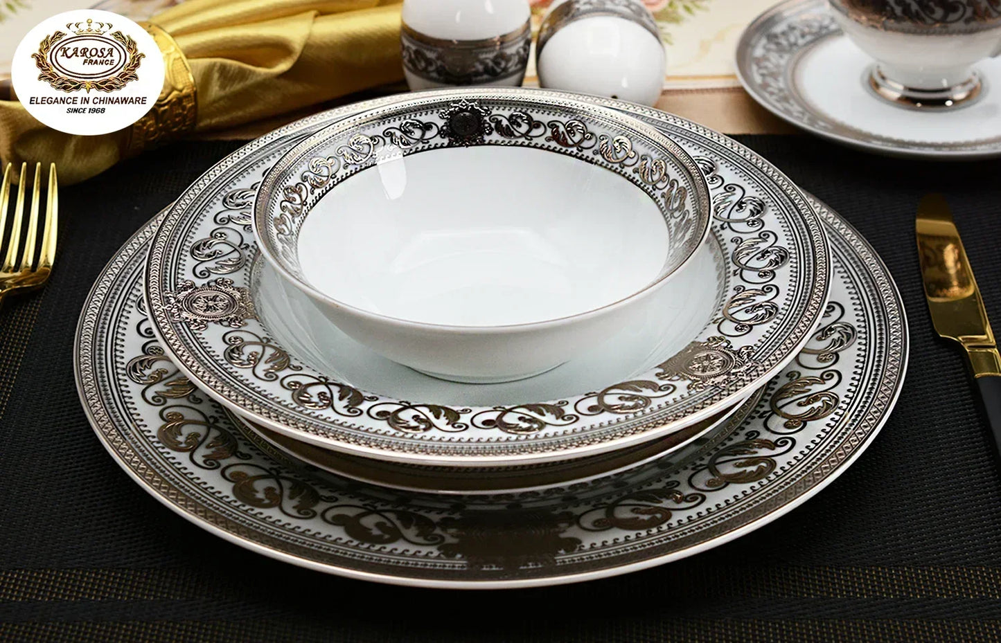 Bone China Platinum Dinner Set - Gold Rim Porcelain Soup Plates & Bowls