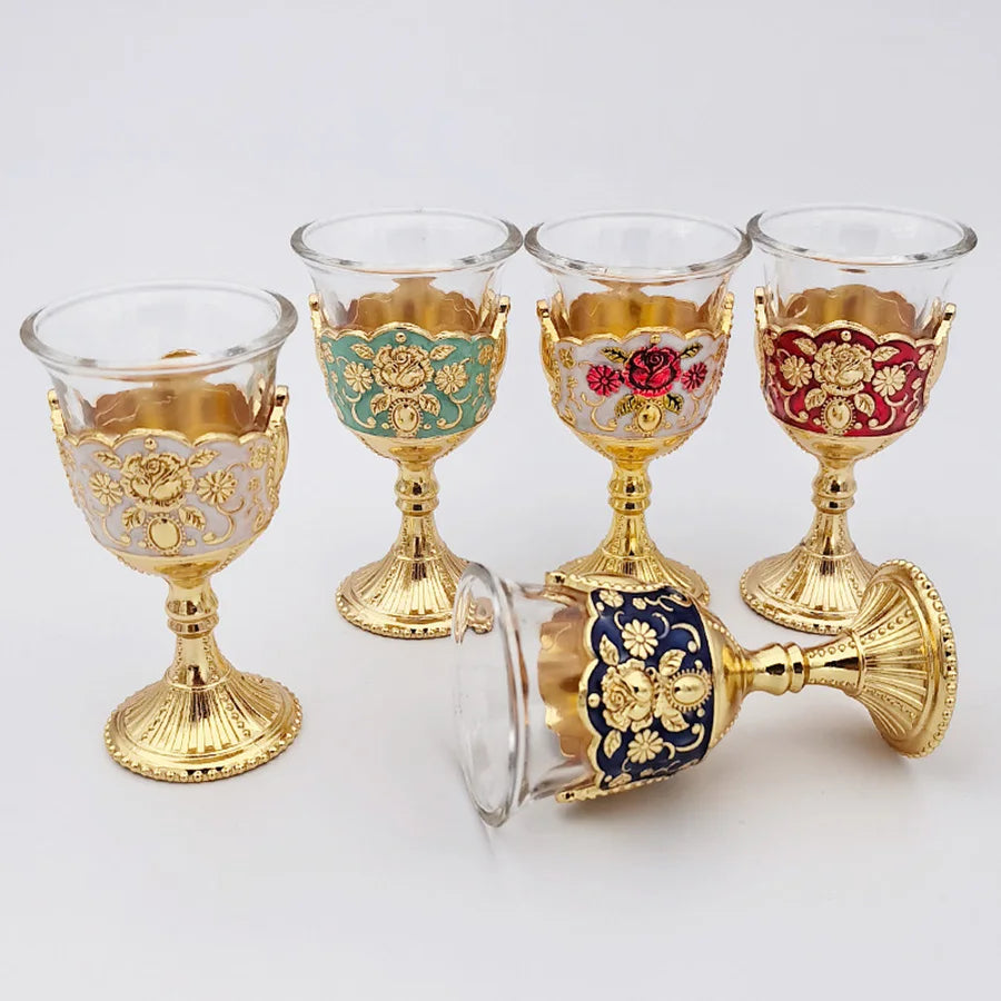 Vintage Wine Goblet Set of 2 - Palace Style Metal Embossed Toasting Glasses