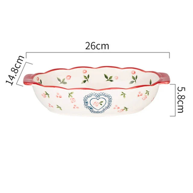 Flowers Ceramic Baking Dish with Handle - Oval Roasting Pan for Lasagna