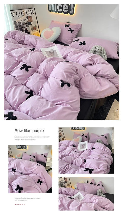 Bedding Set 2024 New Ins Style  Minimalist Blue Washing Cotton black bow towel Embroidered Four PIECE Set, 1.5 Bed Sheets