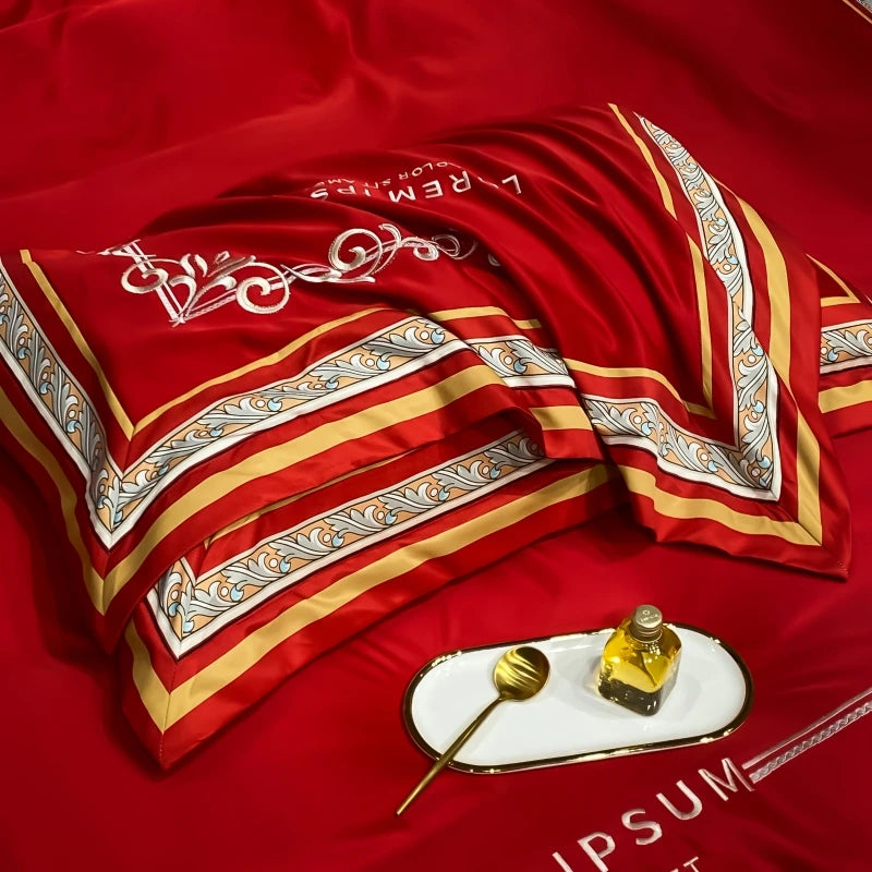 European Style Gold Edge Embroidered Bedding Set Luxury White Satin Cotton Duvet Cover Bed Sheets Pillowcases King Queen Size
