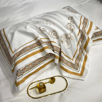 European Style Gold Edge Embroidered Bedding Set Luxury White Satin Cotton Duvet Cover Bed Sheets Pillowcases King Queen Size