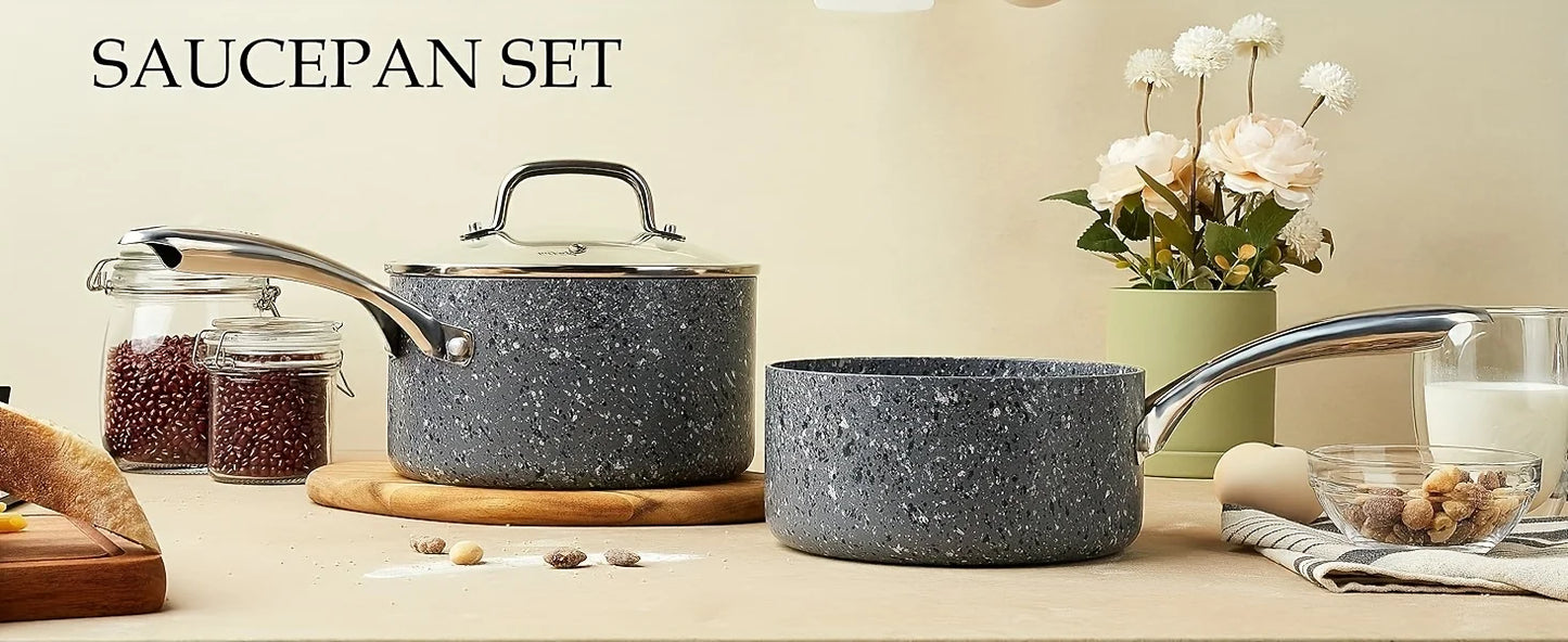 HLAFRG Nonstick Sauce Pan Set - 2Qt & 3Qt Natural Granite Pots with Lids