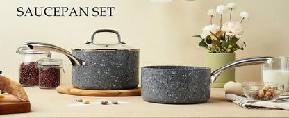 HLAFRG Nonstick Sauce Pan Set - 2Qt & 3Qt Natural Granite Pots with Lids