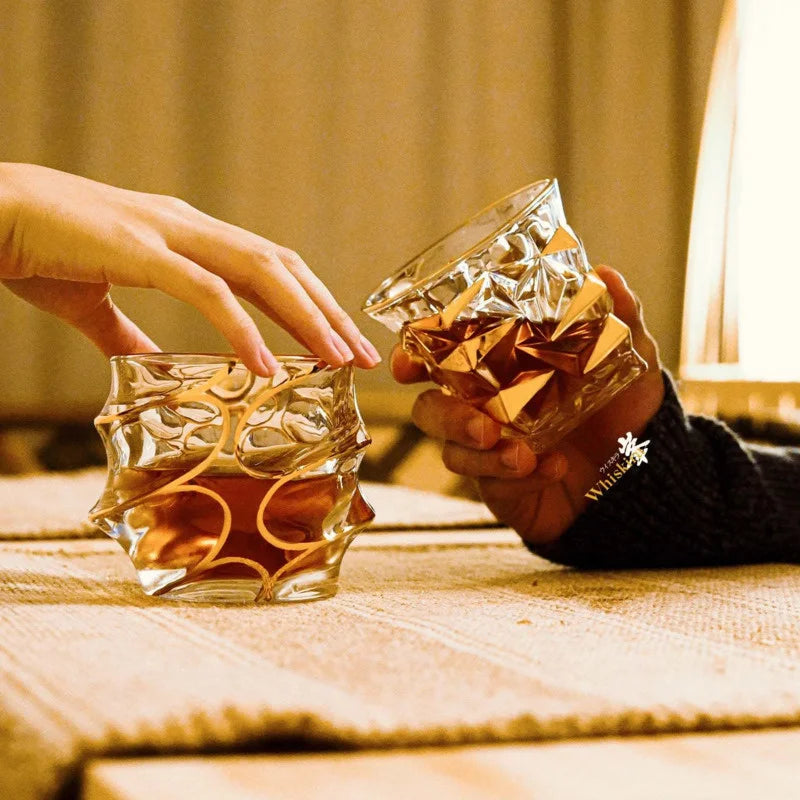 Whiskey Glass Tumblers Set Gold Line Wine Whisky Glasses Golden Painted Crystal Barware Multi-function Beer Cocktail Gift Box