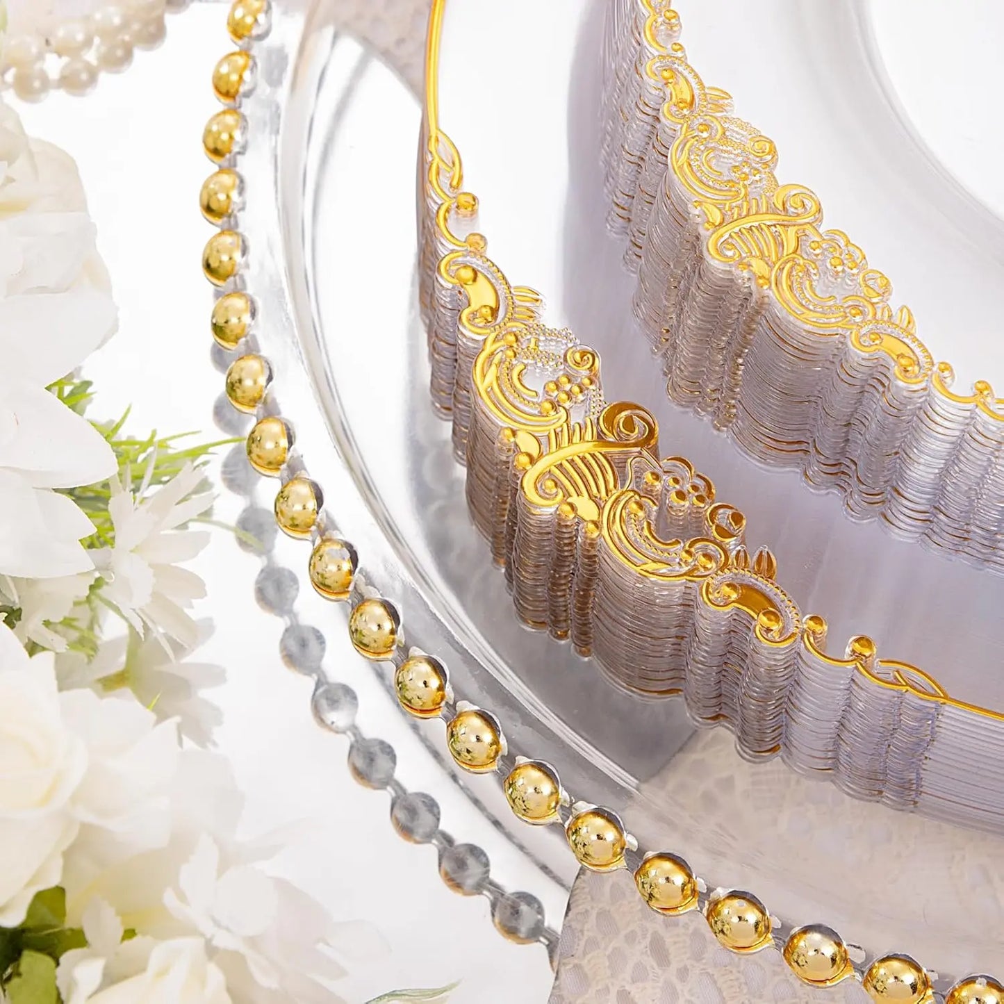 350pcs Plastic Plates - Gold Plastic Dinnerware Set Includes: 50 10.25”Dinner Plates,50 7.5” Dessert Plate, 50 Cups, 50 Napkin