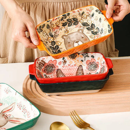 Forest Animals Ceramic Bakeware with Handle - Underglaze Baking Pan & Salad Bowl