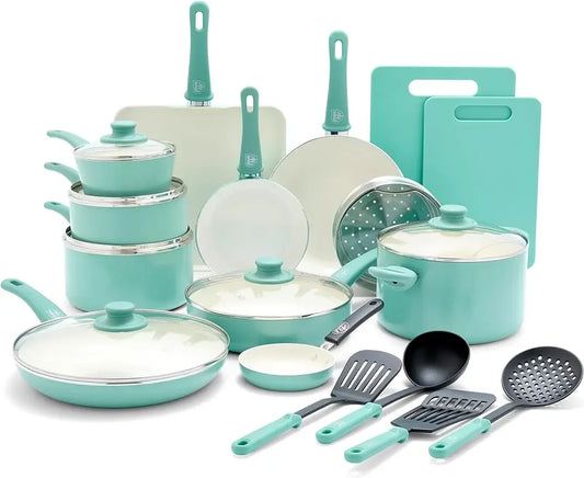 Piece Kitchen Cookware Pots and Frying Sauce Saute Pans Set with Kitchen Utensils, PFAS-Free, Dishwasher Safe, Turquoise
