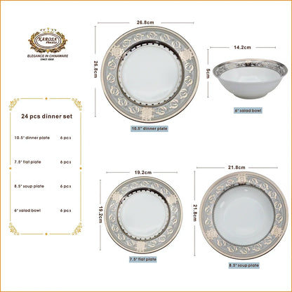 Bone China Platinum Dinner Set - Gold Rim Porcelain Soup Plates & Bowls