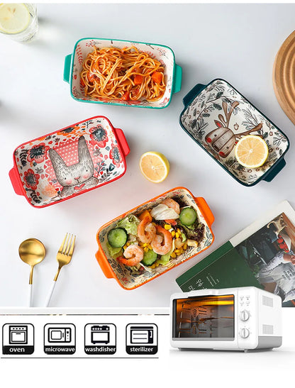 Forest Animals Ceramic Bakeware with Handle - Underglaze Baking Pan & Salad Bowl