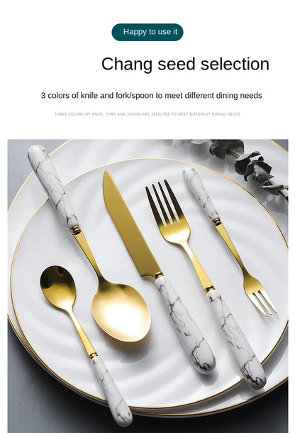 30pcs Gold Cutlery Set - 304 Stainless Steel Fork Spoon Knife with Ceramic Tableware