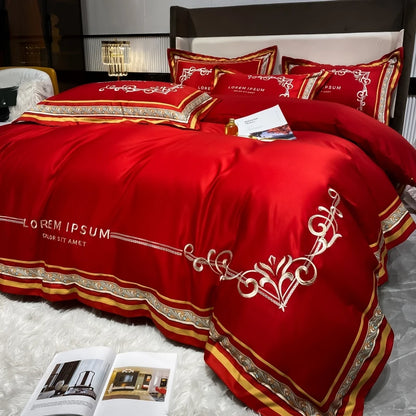 European Style Gold Edge Embroidered Bedding Set Luxury White Satin Cotton Duvet Cover Bed Sheets Pillowcases King Queen Size