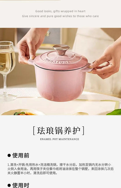 Enameled Mini Cast Iron Dutch Oven 1.7L for Cooking Bake Bread Cast Iron Pot Casserole Dish Heavy Milk Pot Pink Kitchen Stew Pot