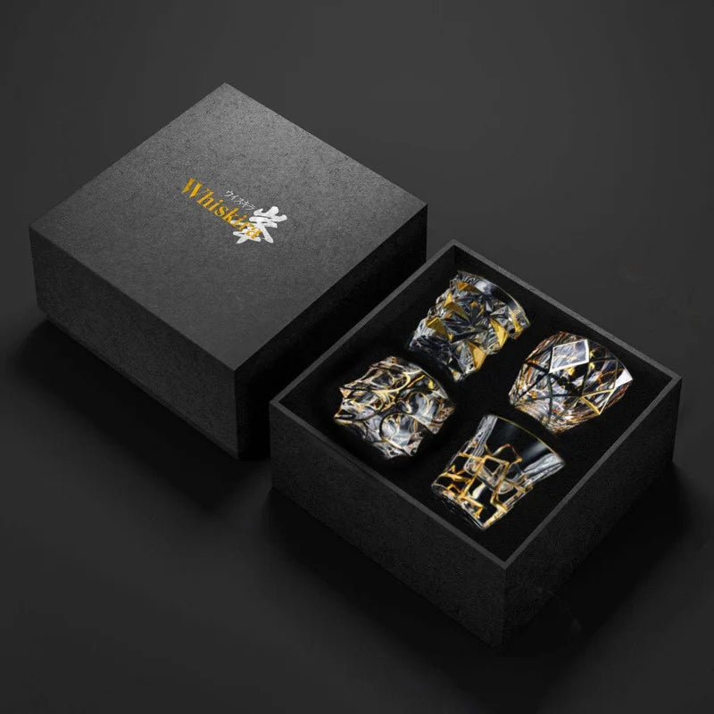 Whiskey Glass Tumblers Set Gold Line Wine Whisky Glasses Golden Painted Crystal Barware Multi-function Beer Cocktail Gift Box