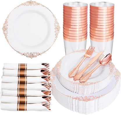 350pcs Plastic Plates - Gold Plastic Dinnerware Set Includes: 50 10.25”Dinner Plates,50 7.5” Dessert Plate, 50 Cups, 50 Napkin